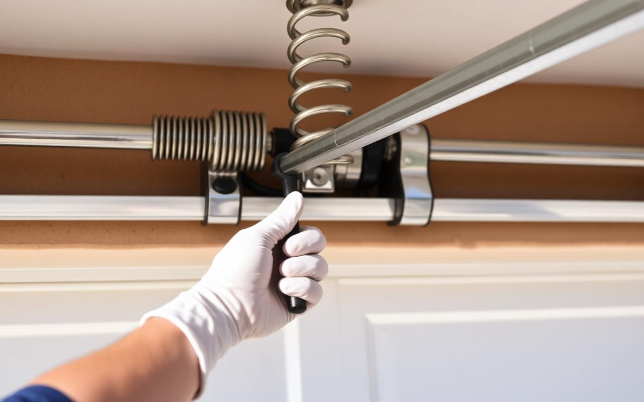 Technician using a winding bar on a garage door torsion spring in Monroe, NC